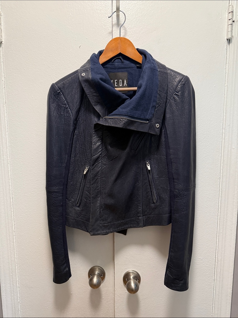 Veda Navy Leather Moto Jacket with Funnel Neck